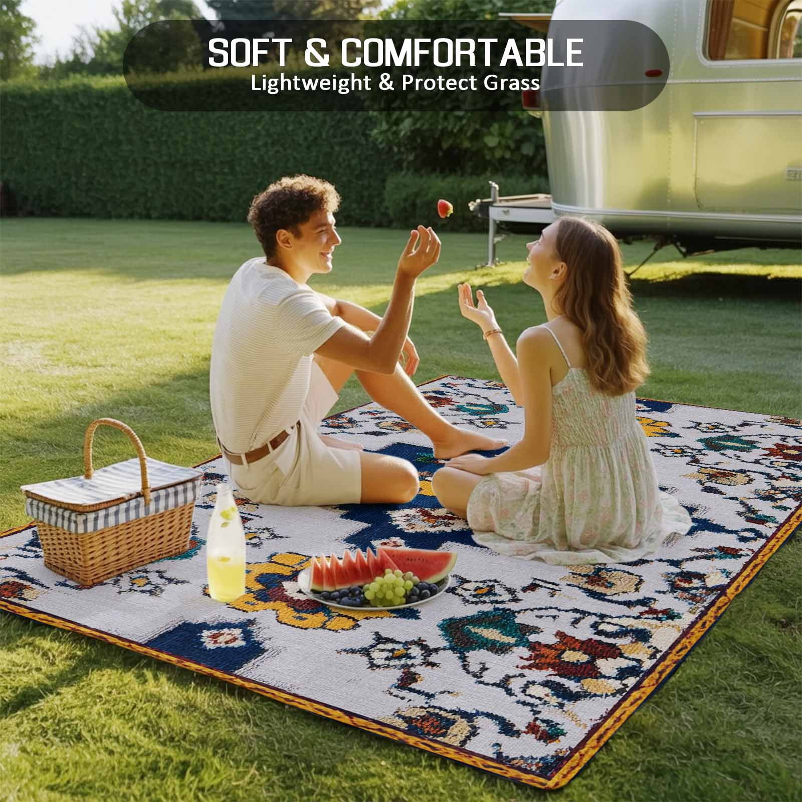 Fsddascl Blue Grey Boho Outdoor Rug for Patio/Deck/Porch, Non-Slip Large Area Rug 4 x 6 Ft, Retro Traditional Oriental Boho Tribal Indoor Outdoor Rugs Washable Area Rugs, Camping Rug Carpet