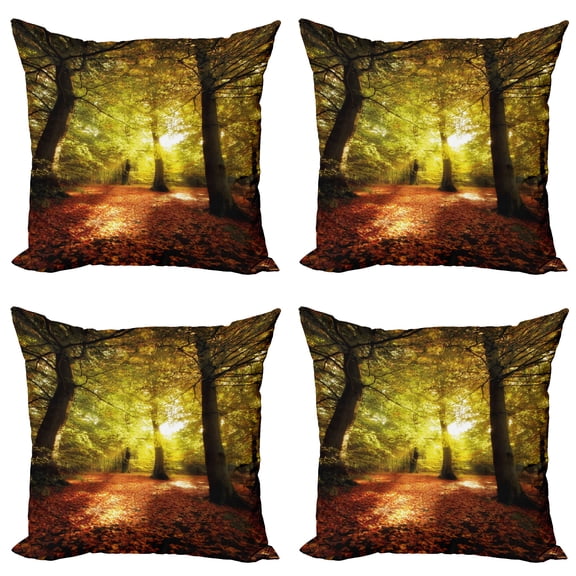Ambesonne Fall Throw Pillow Cover 4 Pack, Blurry Forest Dreamy View, 16", Pale Green Red Brown