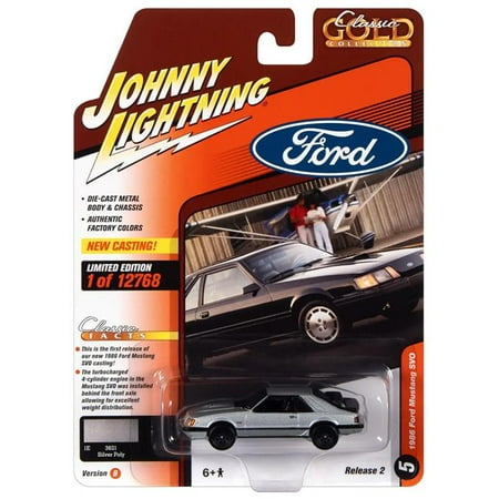 Silver Metallic with Black Stripes Classic Gold Collection Series Limited Edition to 12768 Pieces Worldwide 1 by 64 Scale Diecast Model Car for 1986 Ford Mustang SVO