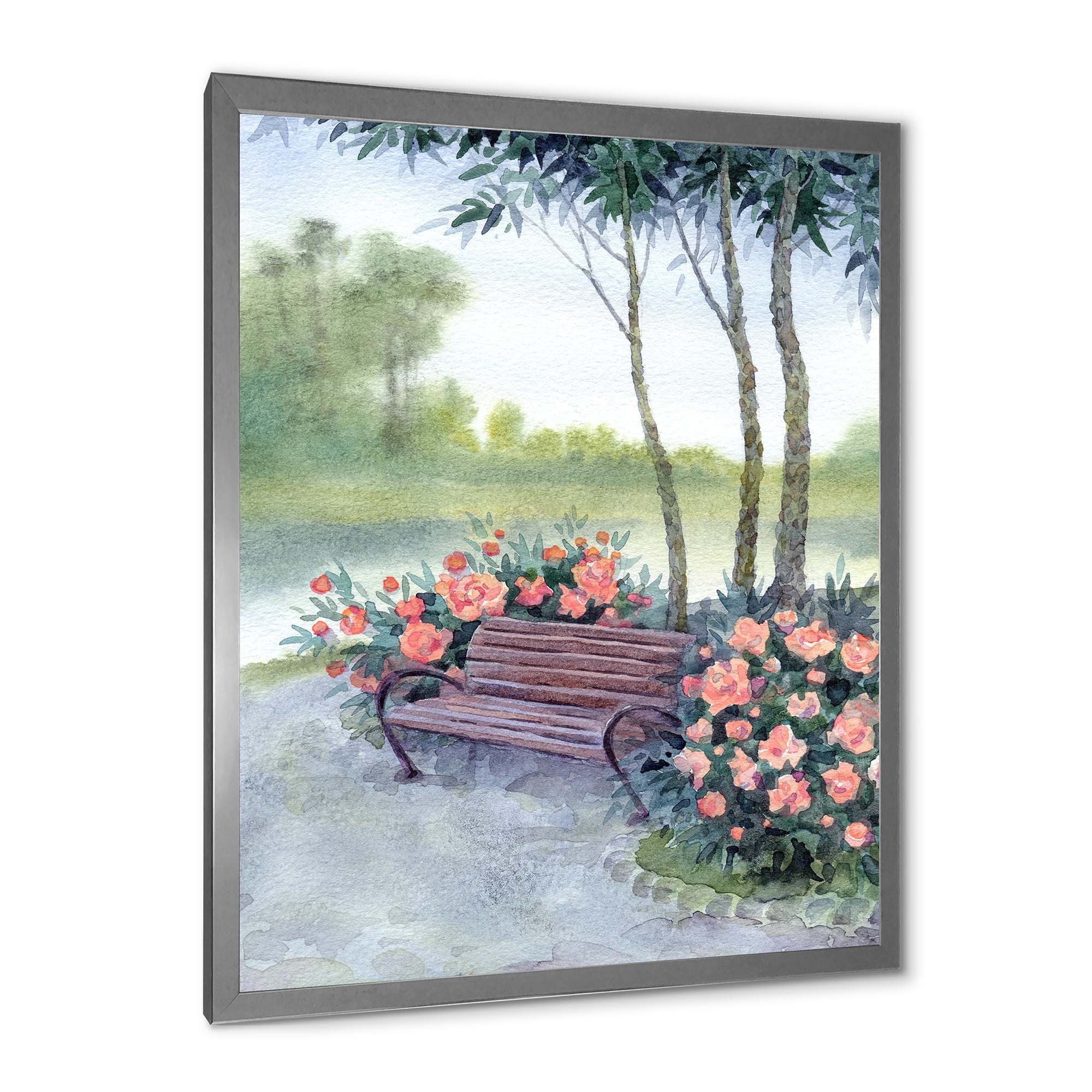Designart 'Bench In Park By The Pions Flowers Bushes' Traditional Framed Art Print