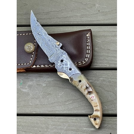Custom Handmade Damascus Steel Folding Knife - Ram Horn Handle (FN-76)