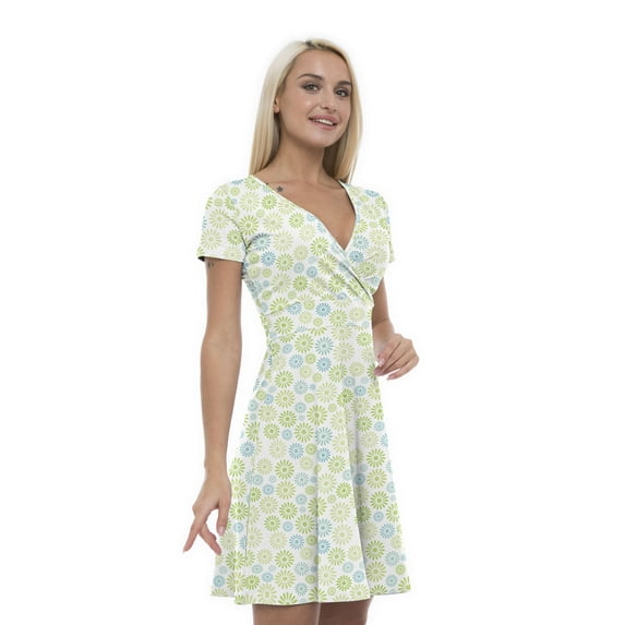 Women’s A Line Flower Summer Dress, Retro Triangle Arrangement, Cross Wrap V Neck, 6 Sizes, by Ambesonne