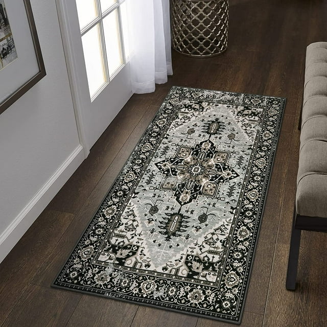 HAHDAXIA Boho Hallway Rug - 2x4 Washable Small Laundry Room Bedroom Non-Slip Ultra-Thin Rugs for Entryway Kitchen Persian Distressed Indoor Carpert Runner Entry Bathroom Living Room, Black #0
