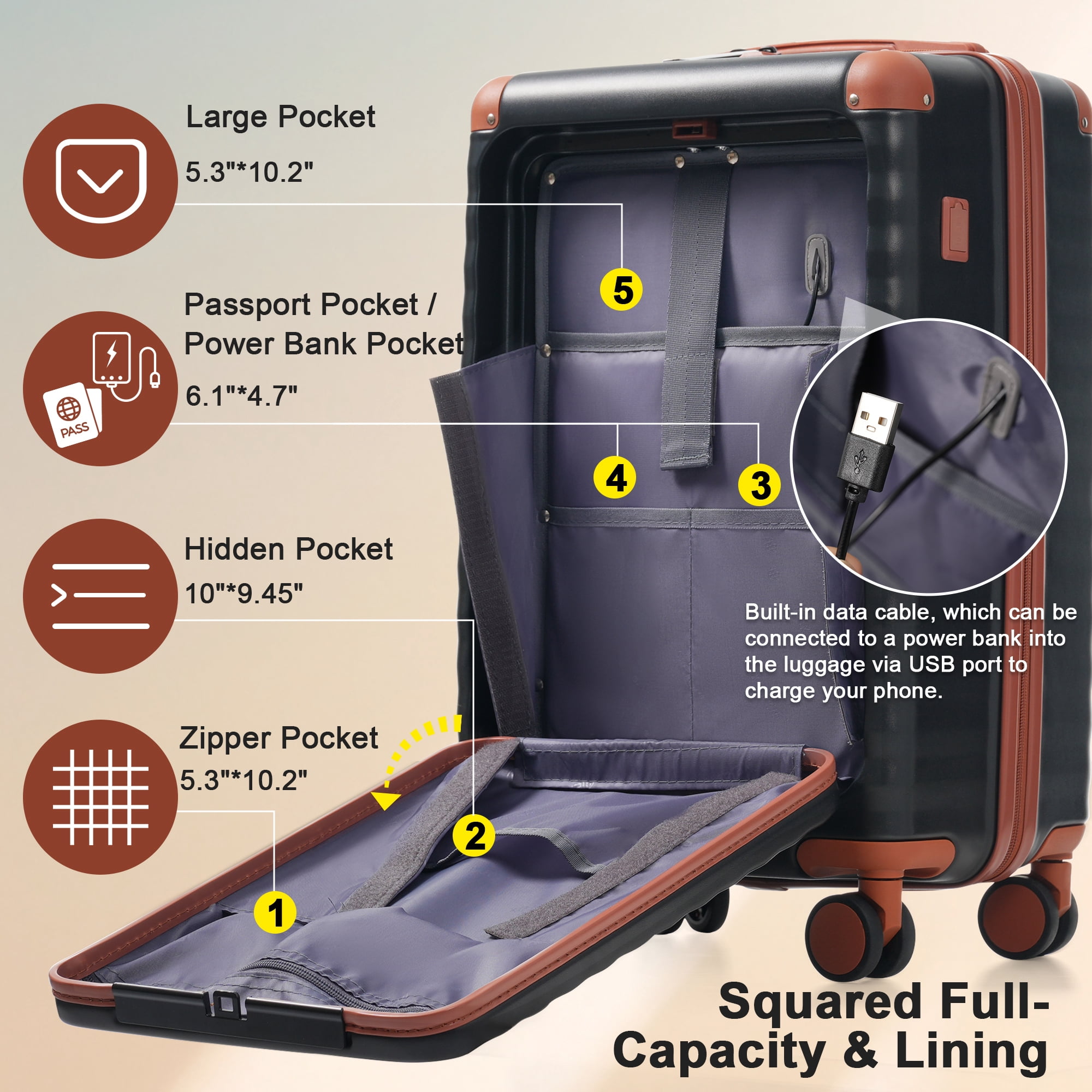Luggage Sets 5 Piece with Front Opening , Hardside Expandable Carry on Suitcase with Spinner Wheels TSA Lock USB Port Cup Holder Duffel Bag and Toiletry Bag