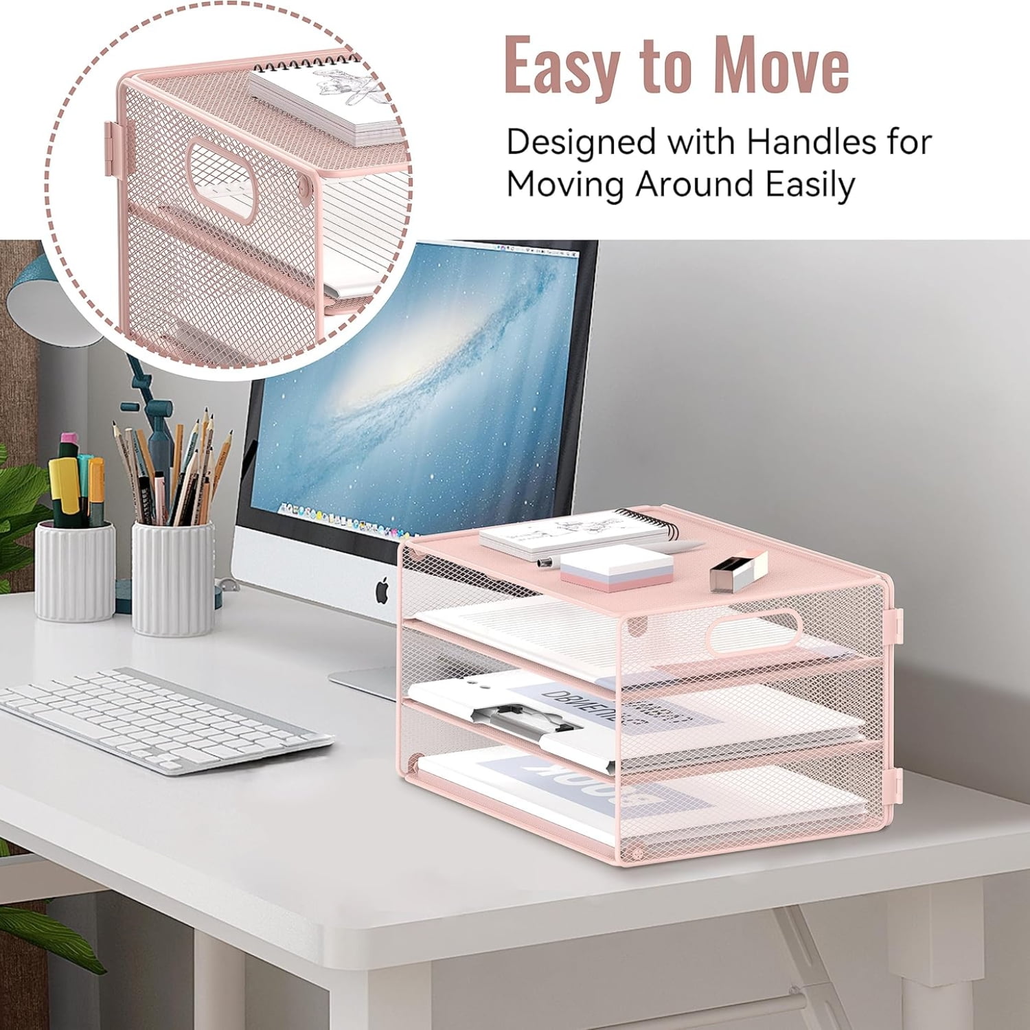 INTIGE 3-Tier Metal File Organizer with Handles, Desktop Storage Cabinet for Home, Office, Pink
