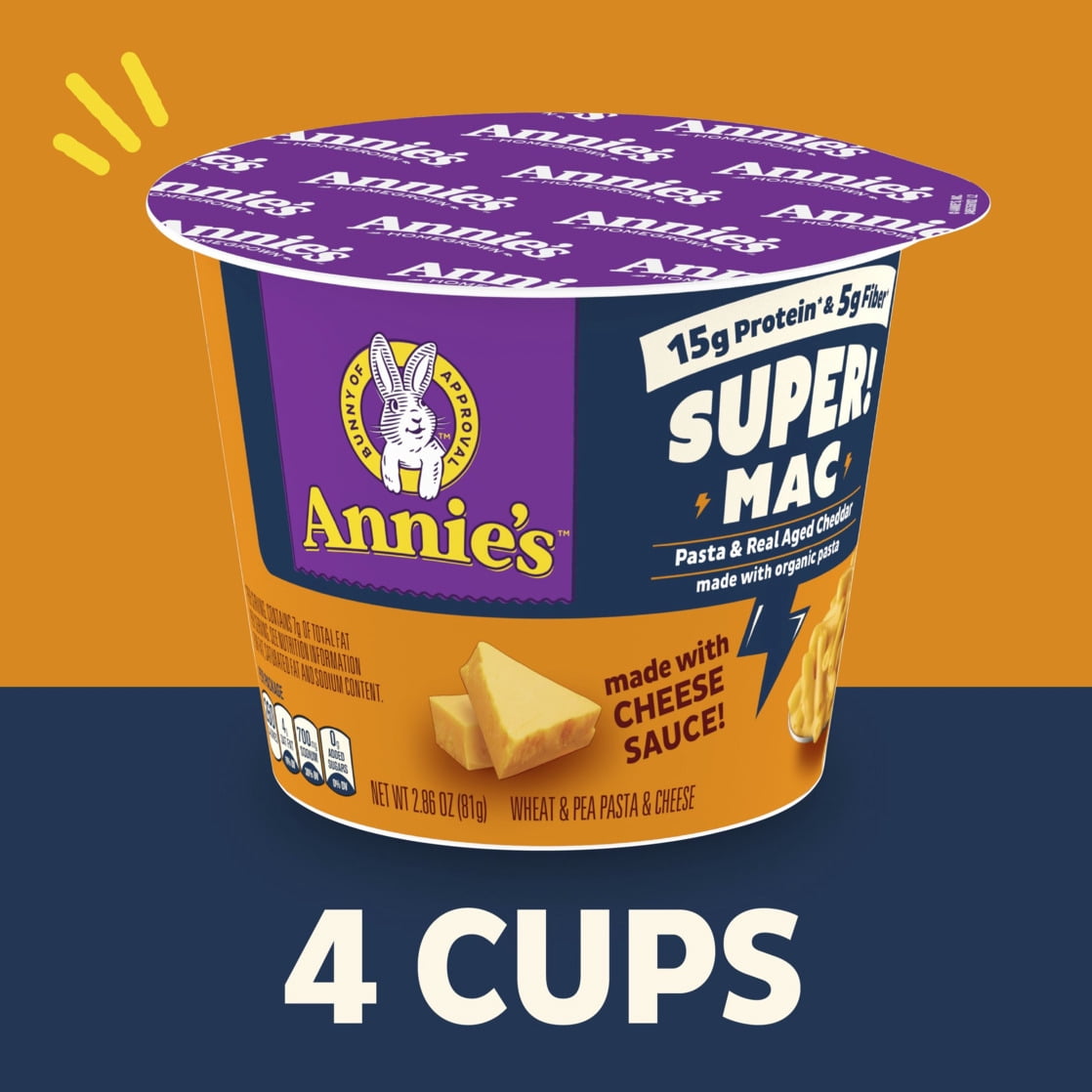 (3 pack) Annie's Protein Super! Mac Real Aged Cheddar Pasta Cups, 4 Count, 11.44 oz