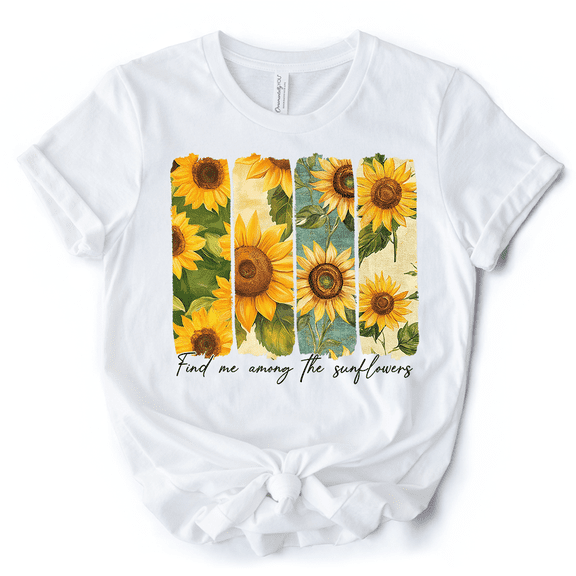Find Me Among the Sunflowers T-Shirt, White and Natural Floral Tee for Trendy Women