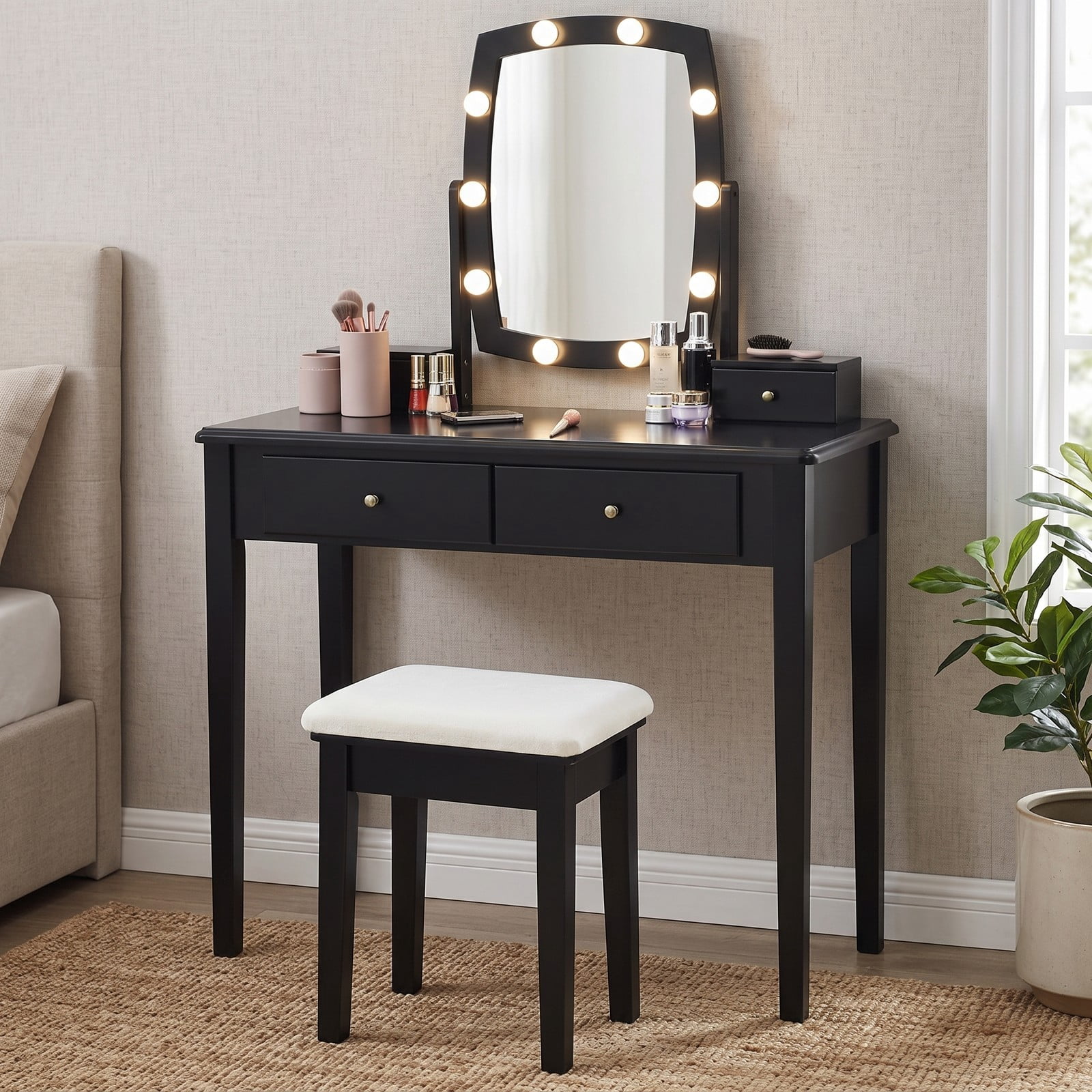 Furnibear Vanity Table Set with 10 Dimmable Bulb Lighted Mirror and Cushioned Fabric Stool and Drawers for Bedroom and Dressing Room, Black