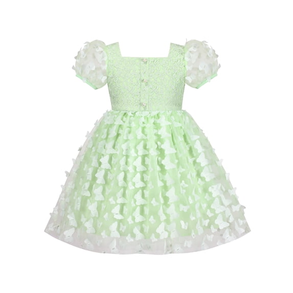 Girls Dress 3D Butterfly Green Floral Lace Top Square Collar Short Sleeve 8 Years