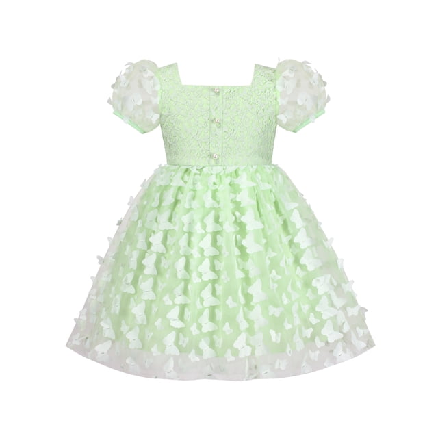 Robe Fille 3D Butterfly Verte Dentelle Florale Col Carré Manches Courtes 5 Ans