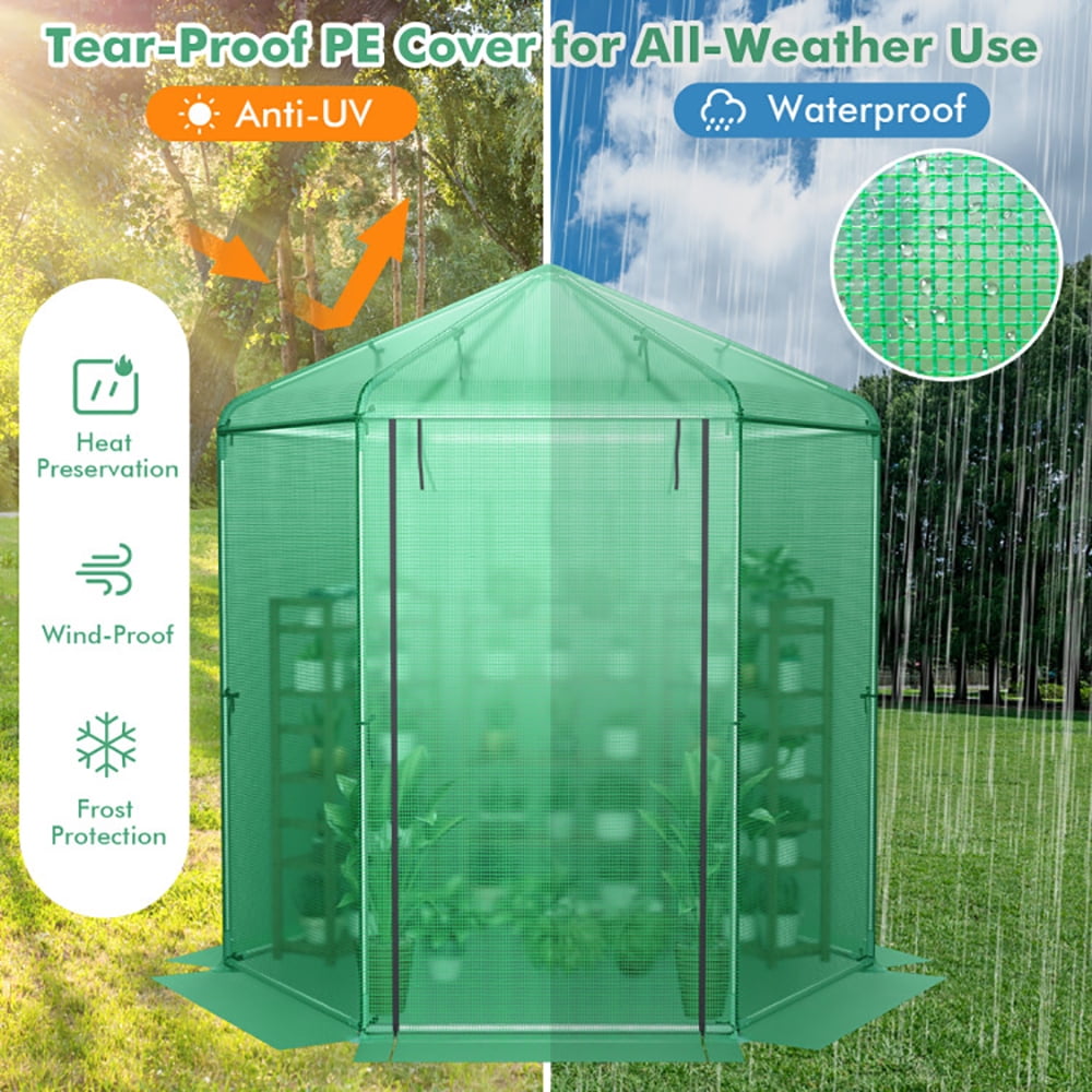 GVN Walk-In Hexagonal Greenhouse with PE Cover and Metal Frame, Walk-in Green House, Portable Greenhouse  for Planting and Storage