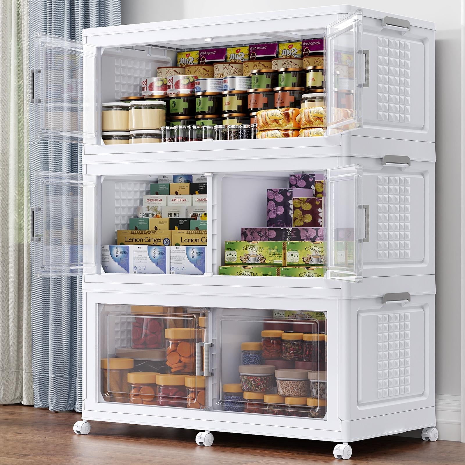 BROVIEW Stackable Storage Bins 150Gal Extra Large, Collapsible Plastic Closet Organizers Cabinet for Home, Lid, Wheels, Doors, Dividers, 3-Pack White