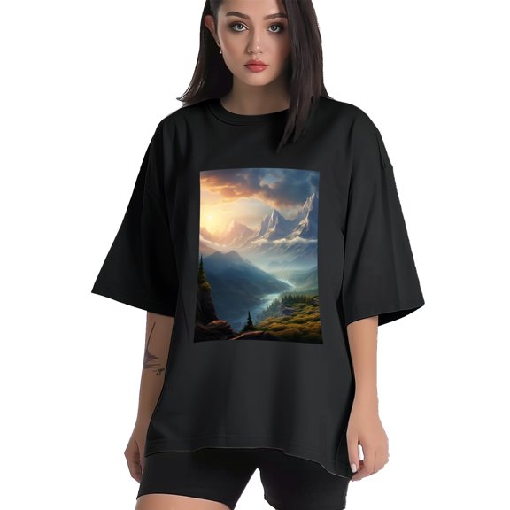 Plus Size Shirt for Women Black Tops for Women Short Sleeves Shirt for Women Mountain T Shirt Crewneck Shirt for Women XS