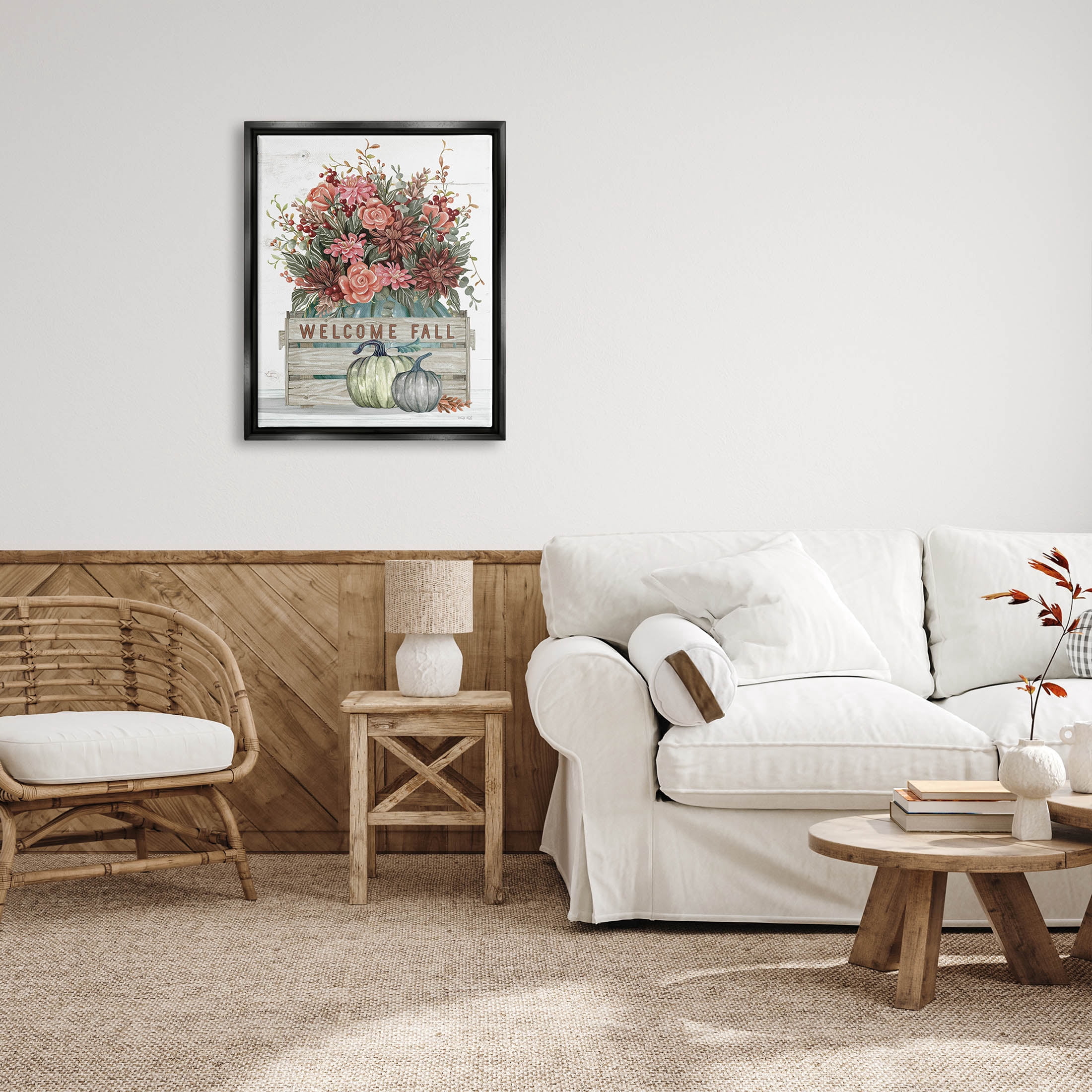 Welcome Fall Seasonal Blooms Holiday Graphic Art Jet Black Framed Art Print Wall Art