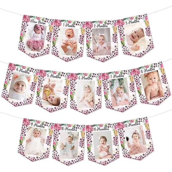 Pink Leopard Printed Photo Banners - 1st Cheetah Themed Birthday Party Decorations, First Bday Party Baby Shower Favors for Newborn to 12 Months Girls
