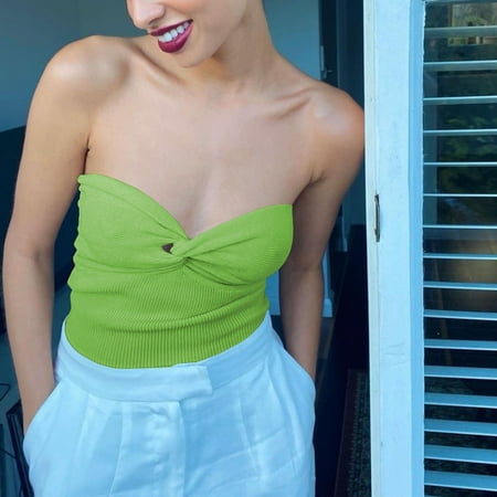 

ZXHACSJ Women s Tops Knot Front Knit Tube Sexy Strapless Ribbed Sleeveless Crop Tank Bustier Top Green S