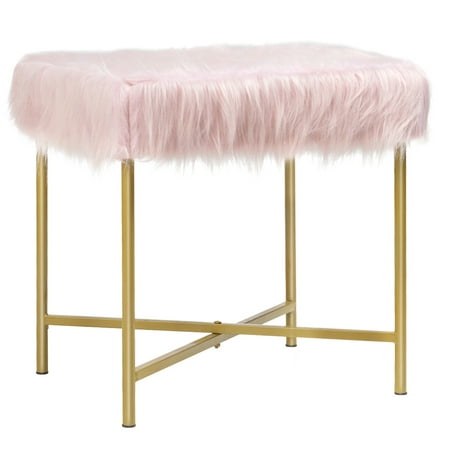 Costway Faux Fur Stool Ottoman Footrest Stool Decorative with Metal Legs GreyPinkWhite