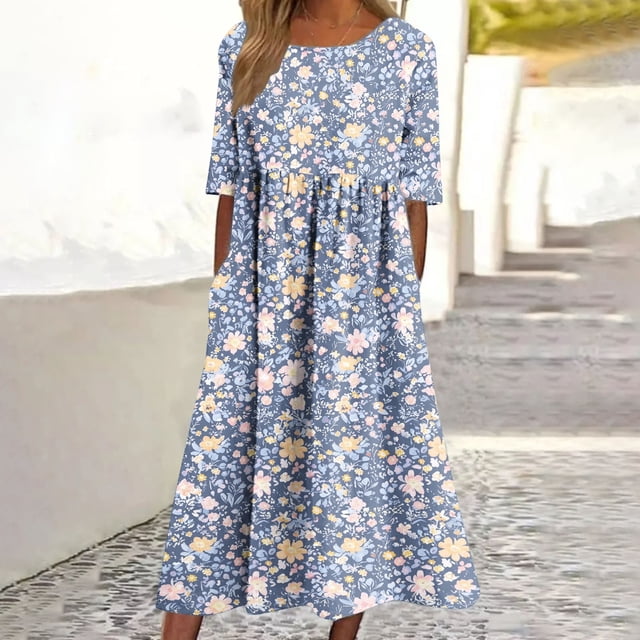Nuoqisi Robe Longue Plissée à Manches Courtes pour Femmes, Imprimée, Col Rond, avec Poche - Silhouette Maxi Texturée avec Rangement Fonctionnel pour une Élégance Sans Effort