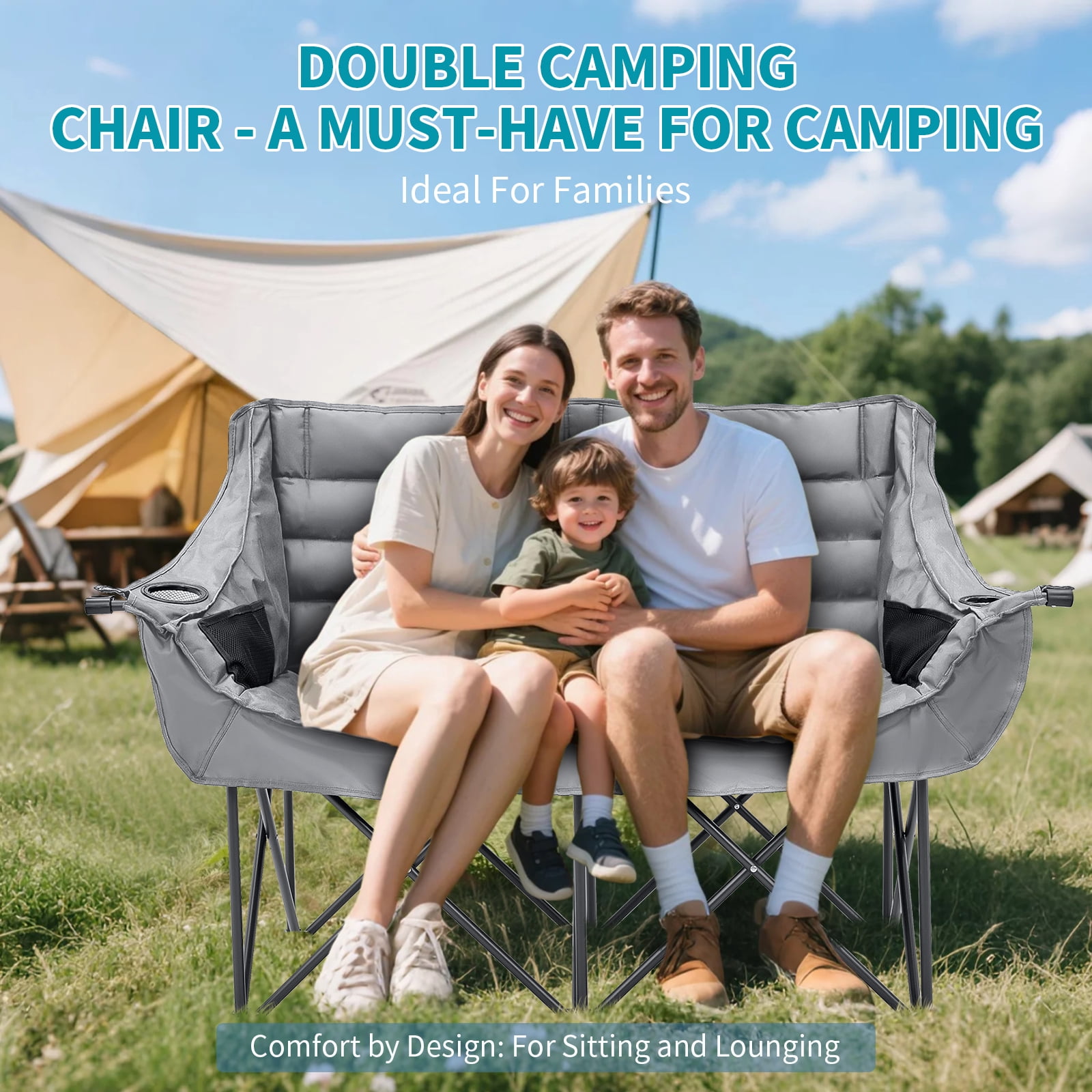 Slsy XXXL Oversized 2 Person Fully Padded Camping Chair, Folding Loveseat Camping Couch Double Camping Chairs Heavy Duty Portable Lawn Chair Patio Chair, Supports 990 LBS