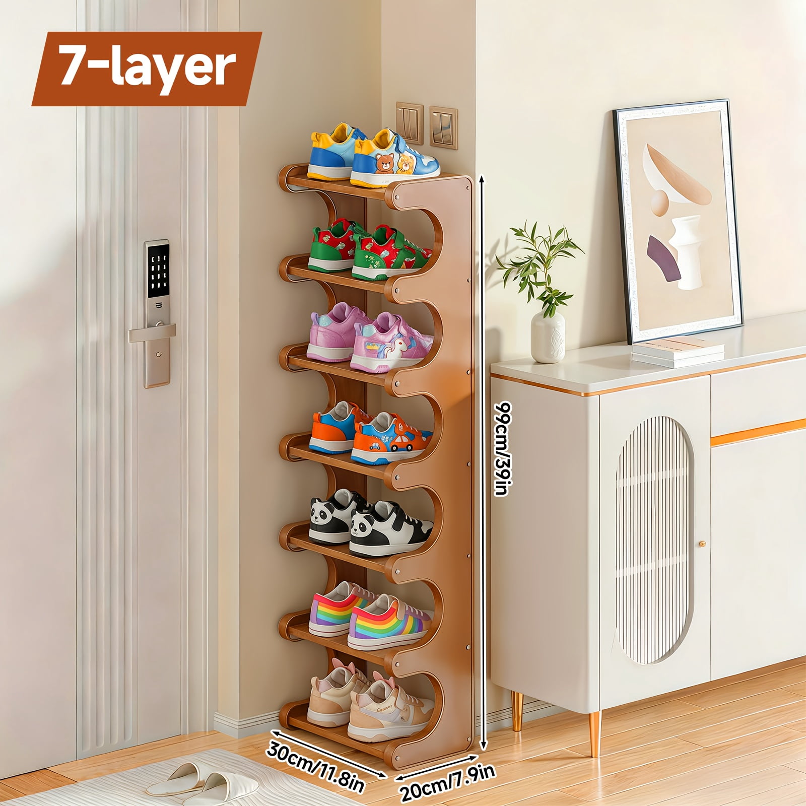 7 & 8 Tier Bamboo Wood Grain Square Shoe Rack, Anti-Wobble Freestanding Vertical Shelf, Easy Assembly Space-Saving Storage for Entryway/Dorm, Spring Household Organizer, Brown