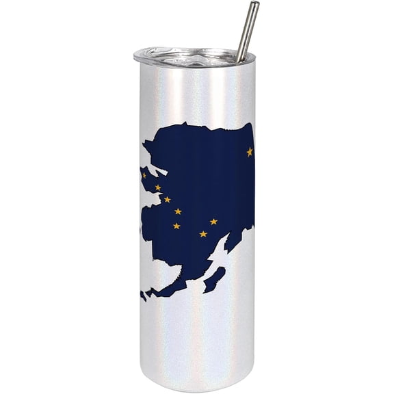 Alaska 20 Oz Skinny Tumbler, Outline Last Frontier State Map with Flag 8 Golden Yellow Stars, Leak-Proof Straw Lid and Brush Vacuum Insulated for Outdoor Use, Night Blue Earth Yellow