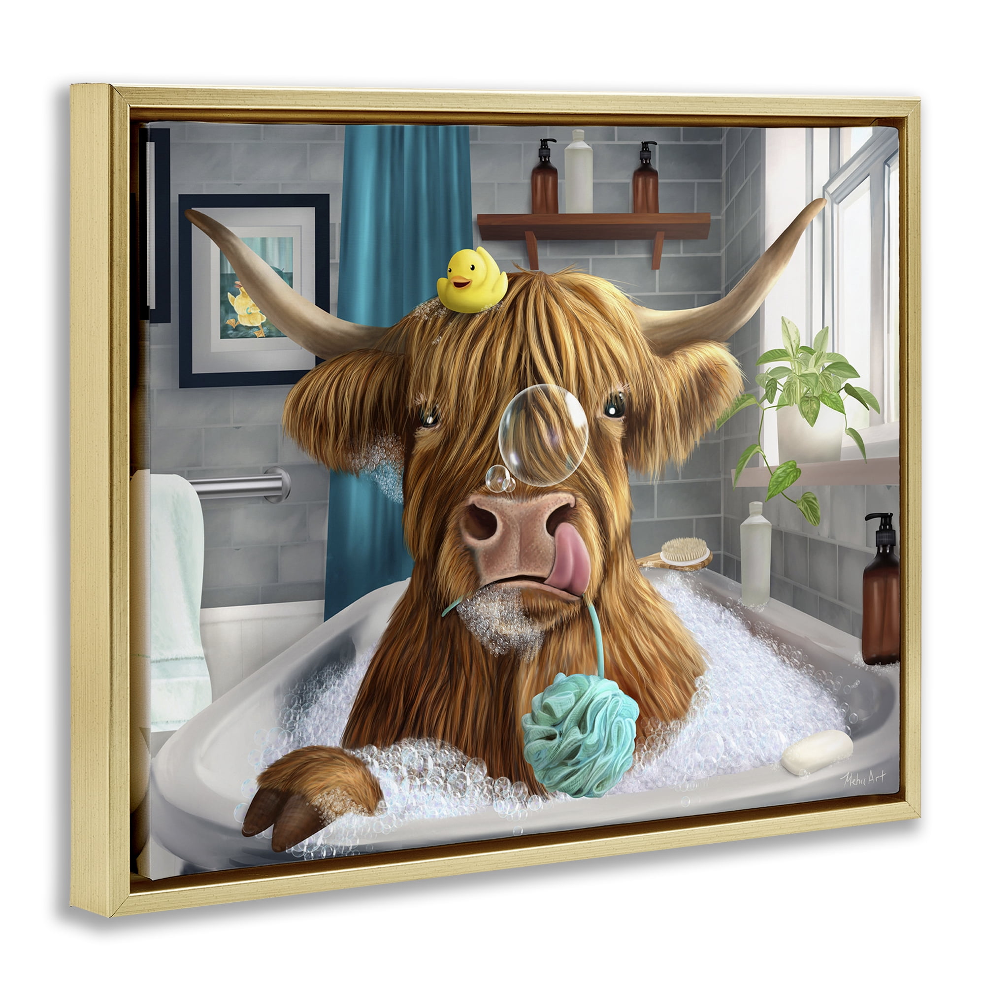Stupell Industries Highland Cow Bubble Bath Bath & Laundry Painting Gold Floater Framed Canvas Art Print Wall Art, 21 x 17