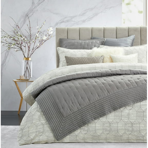 Studio 16, Toronto - TEXTURED HEXAGON Metallic Lurex Jacquard 3-Piece Duvet Cover Set (Full/Queen) with Flange-Modern Geometric Design