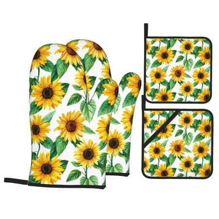 

Oven Mitts and Pot Holders Sets 4 pcs - sunflowers leaf cute Aesthetic Heat Resistant Silicone Oven Gloves with Non-Slip Silicone Surface and hot pads for kitchen Baking Cooking BBQ