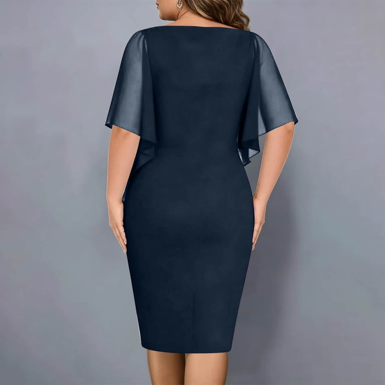 chiffon overlay bodycon dress LWavelet Women's Plus Size Cocktail Dress Chiffon Cape Overlay Rhinestone  V-Neck Bodycon Midi Dress Navy L