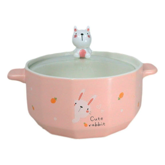 Ceramic Pink Rabbit With Carrots 30oz Noodle Dessert Food Bowl W/ Glass Lid