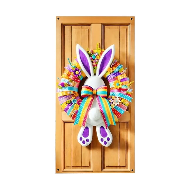 Housse de Porte Couronne Lapin de Pâques, Décoration Festive pour Porte d'Entrée, Usage Intérieur Extérieur, Polyester Résistant aux Intempéries, Installation Facile Déco de Printemps pour la Maison