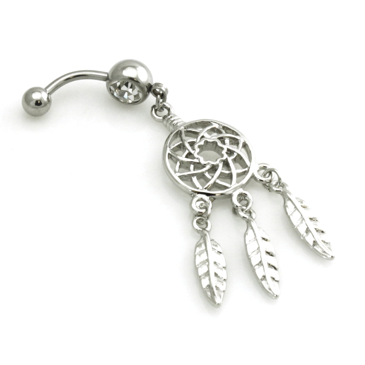 Tioneer 14g (1.6mm) Stainless Steel Three Feather Dreamcatcher Dangle Belly Ring Navel Piercing Body Jewelry
