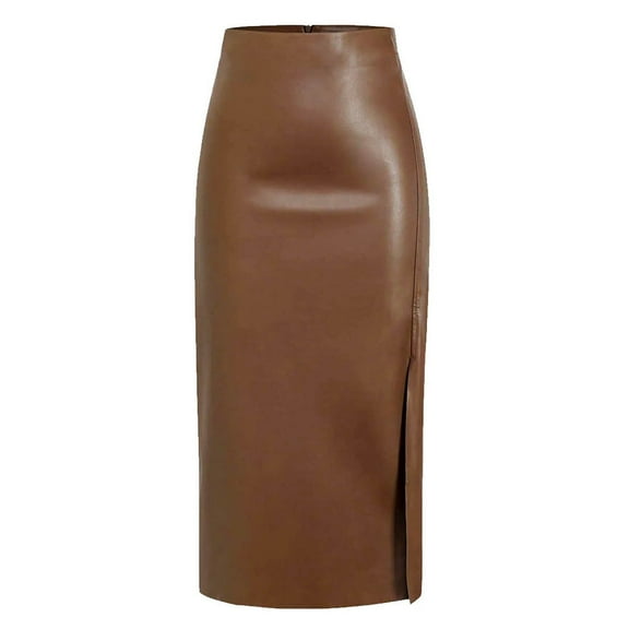 Juosiy Womens High Waist Leather Bodycon Skirt Fashion Solid Color Side Slit Pencil Long Skirt