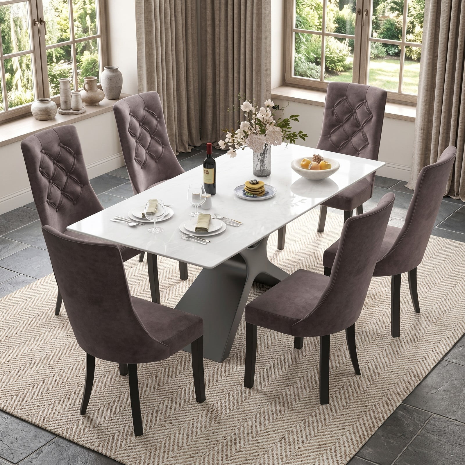 Furnibear Tufted Dining Chairs Set of 2, Upholstered Velvet Accent Side Chairs with High Backrest, Padded Seat and Rubber Wood Legs for Kitchen Living Room, Light Gray