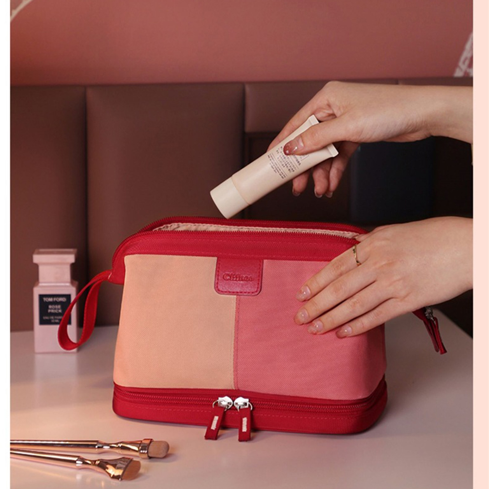 Waterproof Woman's Travel Toiletry Bag,Double Layer Makeup Cosmetic Organizer Pouch,Wet &Dry -Red