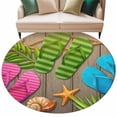 thumbnail image 2 of Summer Slippers Round Living Room Rugs 8 ft, Pink Green Blue Shoes Shell Palm Leaf Wooden Stripes Washable Large Area Rug with Non-Slip Sturdy Edge Binding Round Carpet for Dining Room Kitchen Office, 2 of 9