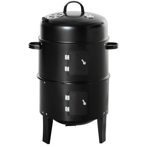Homiyad Vertical Charcoal BBQ Smoker, 3-In-1 16" Round Charcoal Barbecue Grill with 2 Cooking Area, and Thermometer for Outdoor Camping Picnic Backyard Cooking, Black