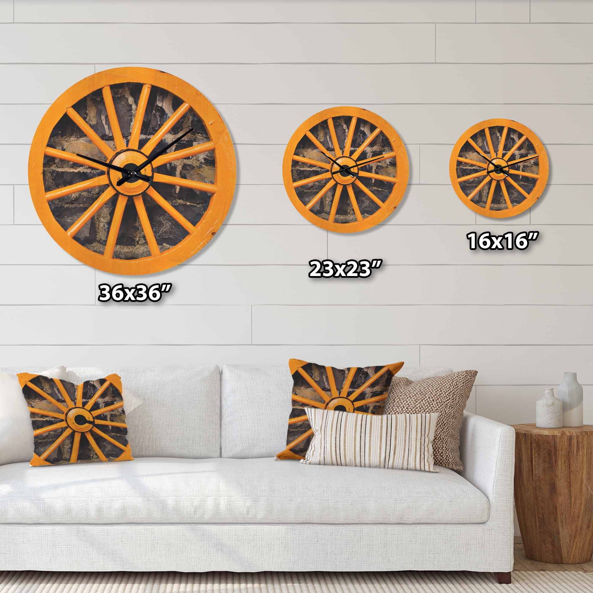 Designart 'Yellow Vintage wooden Wagon Wheel' Farmhouse Wood Wall Clock