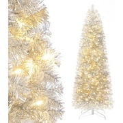 Decoway Pre-lit Pencil Christmas Tree 6ft Artificial Silver Tinsel Xmas Tree with Mental Stand ​Walmart Canada