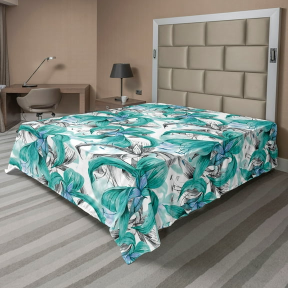 Ambesonne Exotics Flat Bedding Sheet Soft Top Sheet, Dreamy Wild Flowers Jungle, California King, Dark Seafoam and Champagne