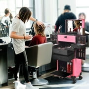 Byootique Pink Rolling Makeup Case on Wheels Pro Cosmetic Artist Hair Stylist Barber Trolley Multifunction Lighted Lockable