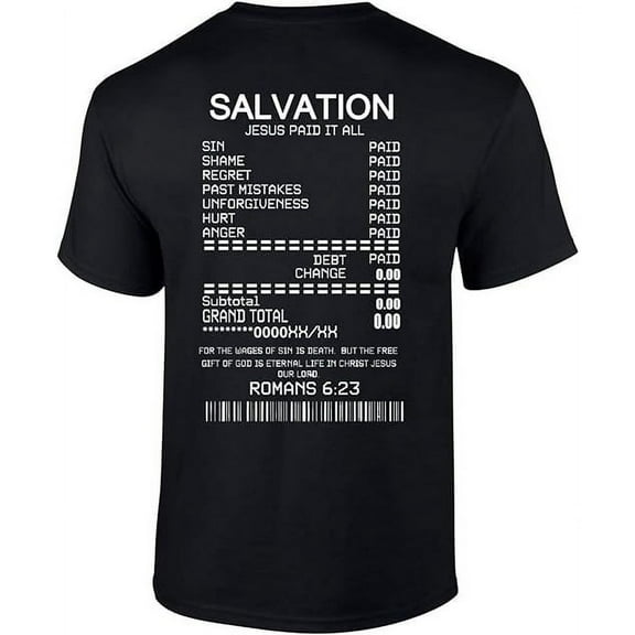 Salvation Jesus Paid It All Receipt Romans 6:23 Bible Scripture Mens Christian Tshirt Cross Short Sleeve T-Shirt Graphic Tee