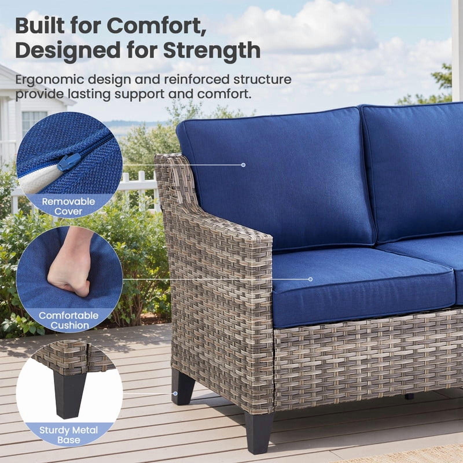 PARKWELL 5 Piece Outdoor Patio Furniture Set with Fire Pit Table,All-Weather Conversation Set with Luxury 4-Inch Thick Cushions,Swivel Glider Chair,5-Seat Furniture Sets for Deck, Backyard,Gray/Navy