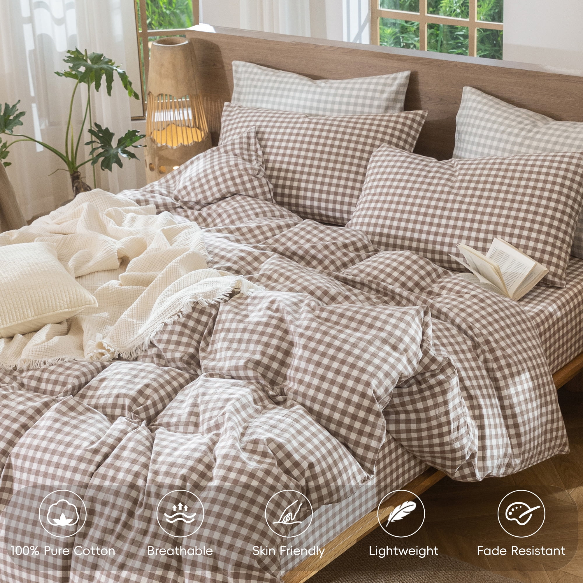 MooMee Gingham Duvet Cover Set Queen 100% Washed Cotton Linen Like Textured Breathable Lightweight 3-Piece (Brown, 90"x90")