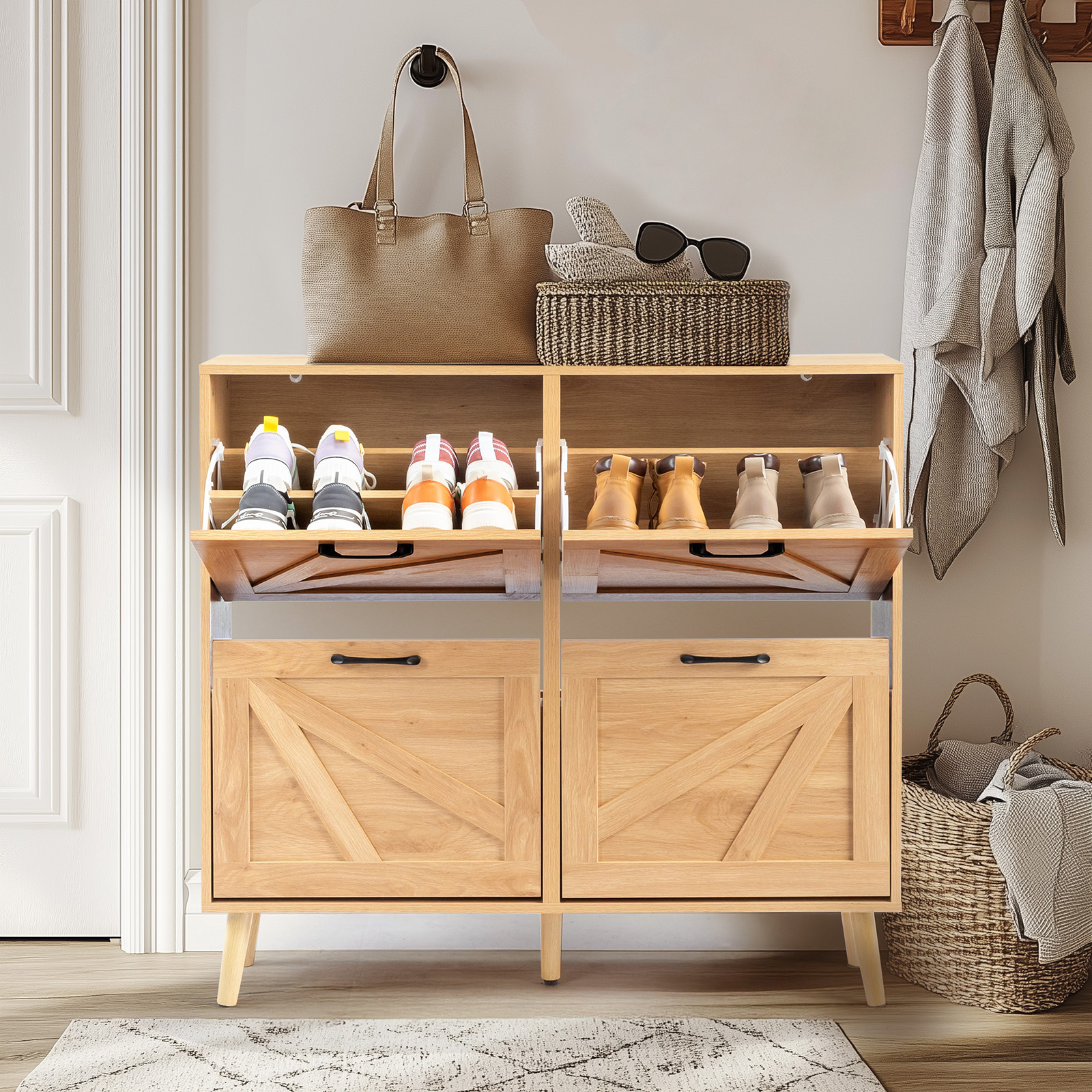 AsterOutdoor Natural Wood Finish Barn Door Flip Top Shoe Cabinet 4 Compartments Textured Relief Surface Triple Amine Laminated Particle Board Solid Wood Legs