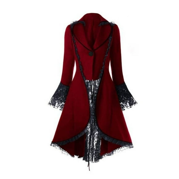 Rinsvye Womens Vintage Long-Sleeved Waist Gothic Dress Plus Size Corset Back Bandage Lace Stitching Women Gothic Dress Tuxedo Jacket Overcoat
