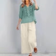 thumbnail image 5 of Linen Sets for Women 2 Piece 3/4 Sleeve Embroidered Top Wide Leg Pants Casual Summer Vacation Lounge Boho Matching Outfits, 5 of 6