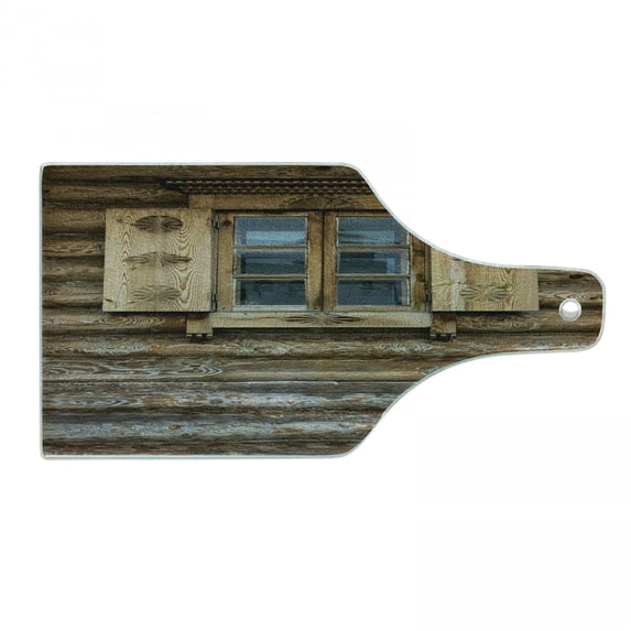 Shutters Cutting Board, Windows Patterned on the Wall of the Old Wooden House Cottage Print, Decorative Tempered Glass Cutting and Serving Board, Wine Bottle Shape, Brown Beige, by Ambesonne