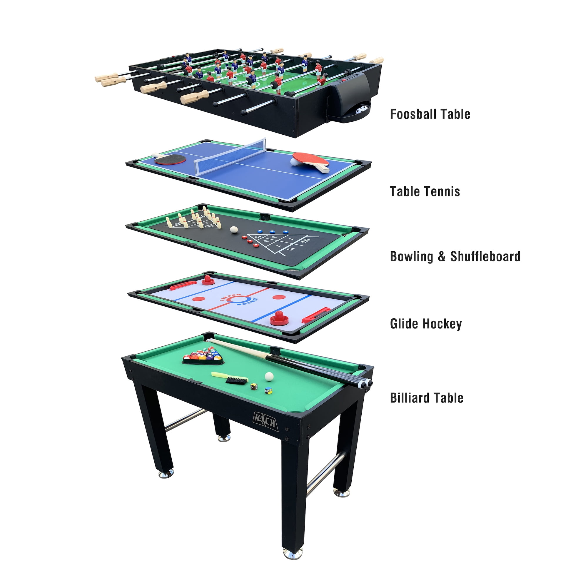 KICK Hexad 48″ 6-in-1 Multi Game Table (Black) - Combo Game Table Set - Billiards, Foosball, Glide Hockey, Table Tennis, Mini-Shuffleboard, and Mini-Bowling for Home, Game Room, Friends and Family!
