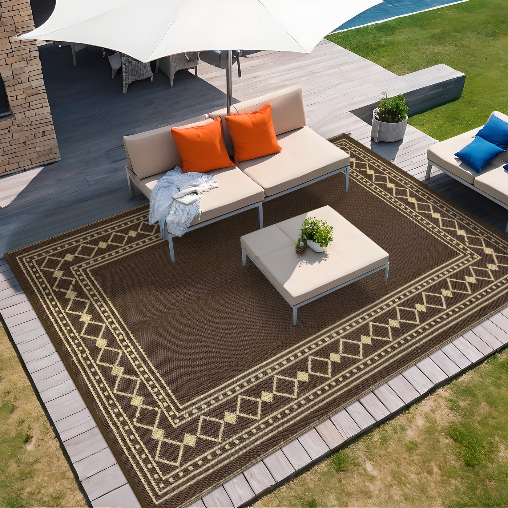 Outdoor Rug Waterproof for Patio Decor 9x12 Reversible Plastic Straw Carpet,Outside Camping Mats for Outdoor Decor,RV,Backyard,Deck,Balcony,Picnic